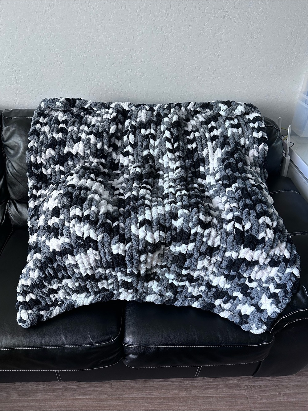 Cozy handmade Chunky Knit Throw Blanket - Black, Gray & White